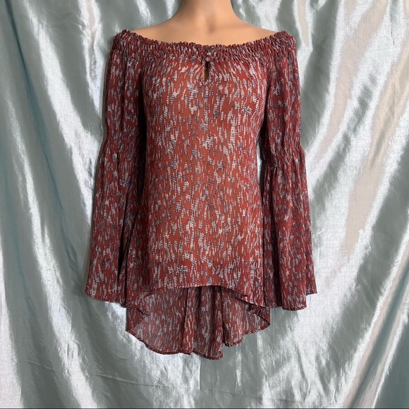 Sexy off shoulder, boho bell sleeved, back laced chiffon high low top, S - Picture 6 of 12